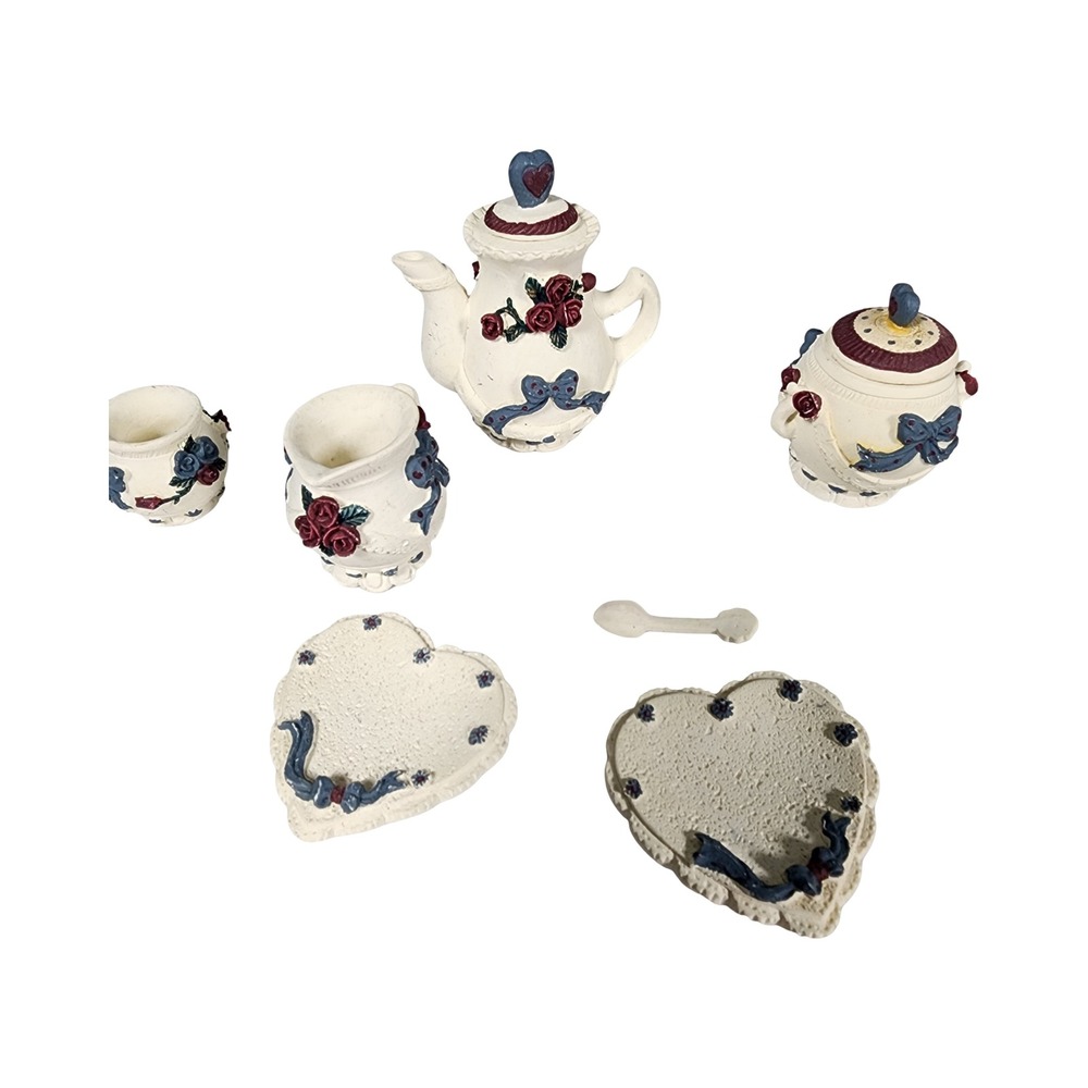 Miniature Dollhouse Tea Set White Roses Blue Heartβ Ribbons 7 Piece Collectible